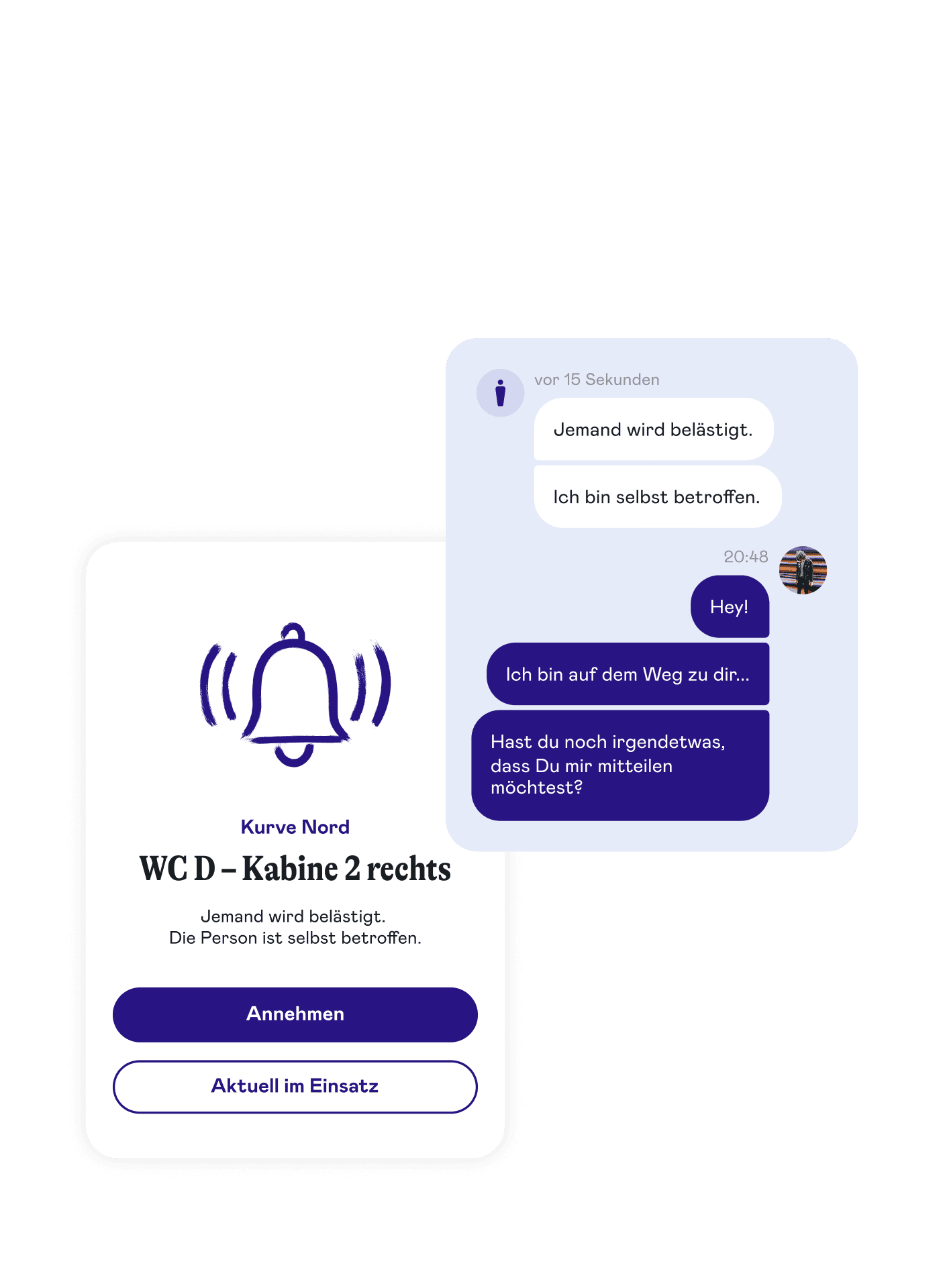 Zwei Screenshots: Benachrichtigung über Belästigung in WC D, Kabine 2 rechts; Chat zeigt Hilfsangebot und Nachfrage nach weiteren Infos.
