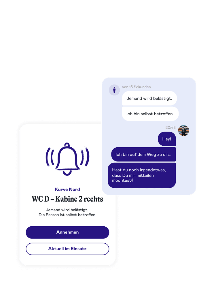 Zwei Screenshots: Benachrichtigung über Belästigung in WC D, Kabine 2 rechts; Chat zeigt Hilfsangebot und Nachfrage nach weiteren Infos.