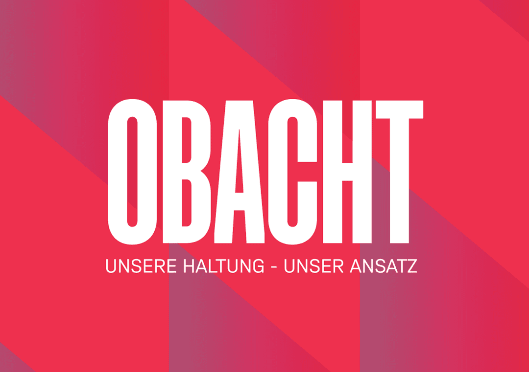 OBACHT in large letters, below „UNSERE HALTUNG – UNSER ANSATZ“ on a red, geometric background.