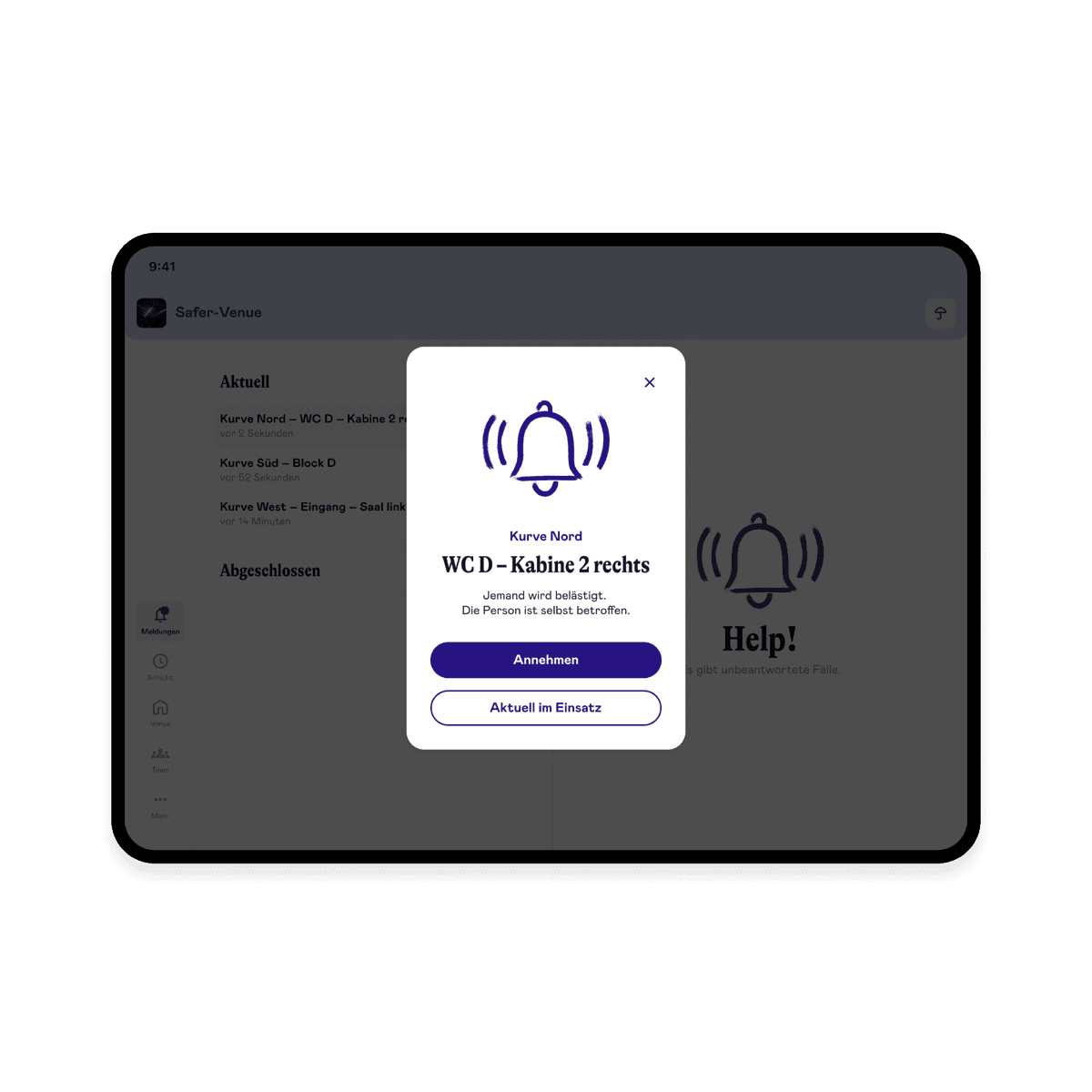 Saferspaces app on tablet and smartphone with active help request
