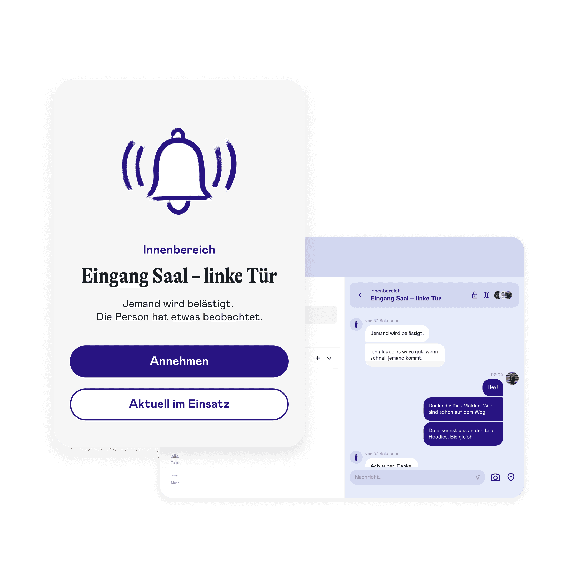 Rapid Response App mit Alarm-Ansicht und Echtzeit-Chat.