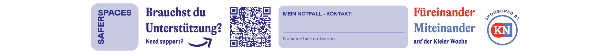 Support-Bändchen der Kieler Woche mit QR-Code und Feld für die Notfall-Kontaktnummer